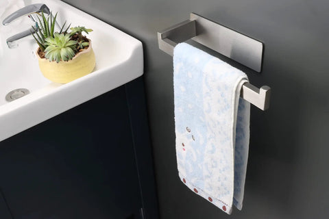 Self Adhesive Hand Towel Holder No Drilling Stainless Steel 9 Inch Brushed Nickel Towel Bar Rack beside sink in bathroom