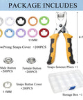 11mm Metal Snap Button Kit With Heavy Duty Press Tool Pliers 800 Pieces In 10 Colors DIY Clothes And Craft Friendly Snap Fasteners Set For Sewing Garments And Accessories, includes pliers, snap buttons, and storage box.