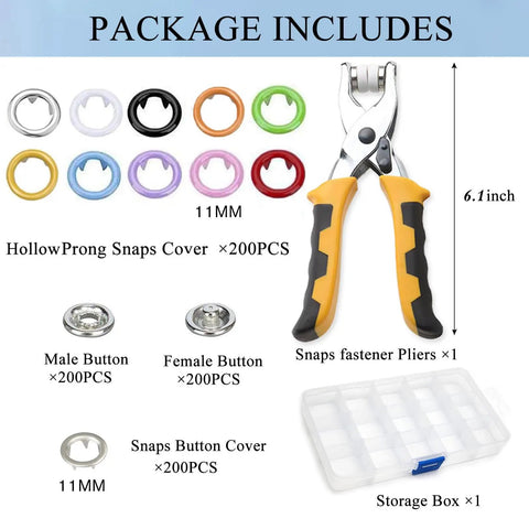11mm Metal Snap Button Kit With Heavy Duty Press Tool Pliers 800 Pieces In 10 Colors DIY Clothes And Craft Friendly Snap Fasteners Set For Sewing Garments And Accessories, includes pliers, snap buttons, and storage box.
