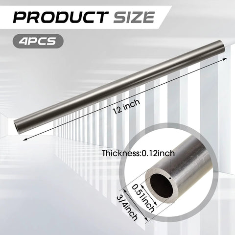 Four Pack Cold Rolled Steel Round Tubes Seamless For DIY And Industry Projects Three Quarters Inch Outer Diameter Zero Point Five One Inch Inner Diameter Point One Two Inch Wall Twelve Inch Length Durable And Versatile Gisafai showing size dimensions.
