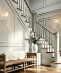 ZIRALIO Farmhouse Vintage Wall Sconce for Bedroom, 2-Pack, shown in a warm staircase setting, distressed white and metal finish.