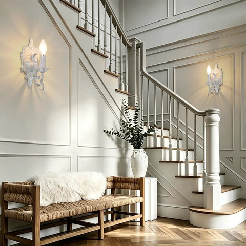 ZIRALIO Farmhouse Vintage Wall Sconce for Bedroom, 2-Pack, shown in a warm staircase setting, distressed white and metal finish.