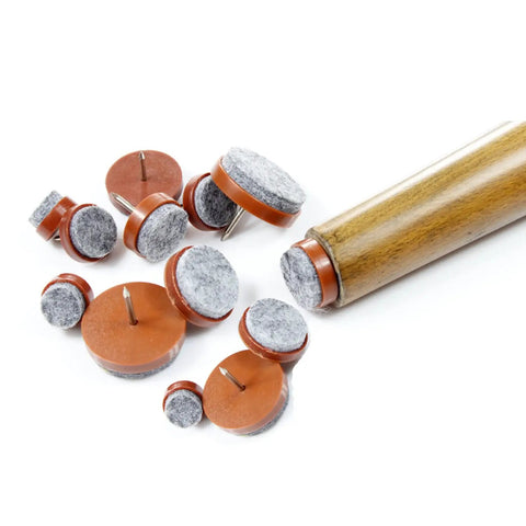 40 Piece Round Heavy Duty Nail On Felt Pads For Furniture Legs And Table And Chair Feet Floor Protectors That Glide Smoothly Brown 18mm Nail Diameter With 15mm Felt Pad shown next to a wooden leg