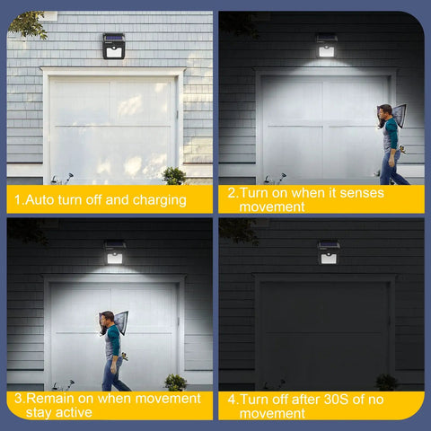 Four images showing the Solar Outdoor Motion Sensor Lights 120 Degree Wide Illumination IP65 Waterproof Wireless Security Lighting For Garden Fence Patio Deck 28 LEDs 4 Pack No Fuss Setup Rechargeable Solar Powered Easy Install with auto turn off, motion activation, and lighting options on a garage.