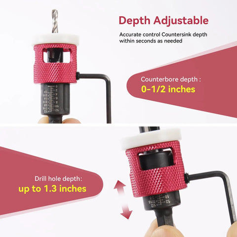 Close-up of Five Piece Countersink Drill Bit Set With Low Friction Depth Stop For Woodworking showing adjustable depth control.