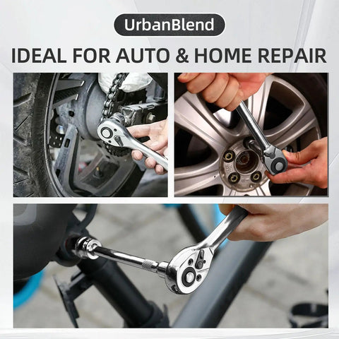 3 Piece Stubby Ratchet Wrench Set With Grippy Textured Grip in use on motorcycle and car wheel for maintenance