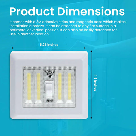 Cordless 400 Lumen COB LED Closet Light Switch dimensions with adhesive strips and magnetic base shown