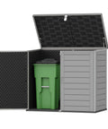 All-Weather Outdoor Storage Shed For Two Trash Bins, 304-Gallon Double-Wall Resin Unit With Wood-Grain Texture, open door view