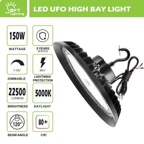 LED High Bay Light 150W Dimmable 1-10V 22,500LM 5000K UFO Fixture with specs for Warehouse Shop Garage Barn