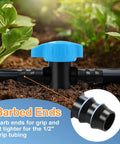 12 Pack Half Inch Drip Irrigation Shut Off Valves Inline Ball Valve For One Half Inch Tubing in garden soil, barbed connection