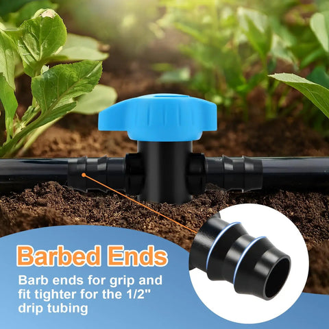 12 Pack Half Inch Drip Irrigation Shut Off Valves Inline Ball Valve For One Half Inch Tubing in garden soil, barbed connection