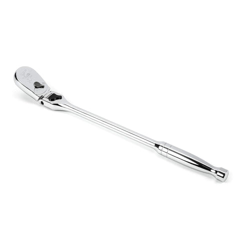 Half Inch Drive 84 Tooth Locking Flex Head Teardrop Ratchet, 17 Inch Length, Enclosed Head, Chrome Finish, Flush Mounted On Off Switch