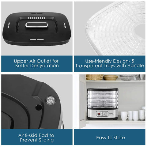 Top Shelf 5 Tray Electric Food Dehydrator Boasting A Slick Digital Led Touchscreen And Intuitive Temp Timer To Easily Whip Up Savory Beef Jerky Crispy Dried Fruit And Fresh Batch Snacks No Sweat Today. Features include upper air outlet and anti-skid pad.