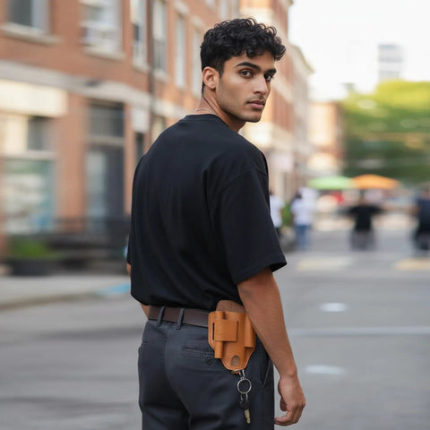 Man walking with Leather Multitool Sheath EDC Belt Organizer For Flashlight And Tools on his belt, urban background