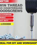 Close-up of 4.0x50mm twin thread Pozi countersunk wood screws used with a drill, marketed as durable and ideal for DIY projects.