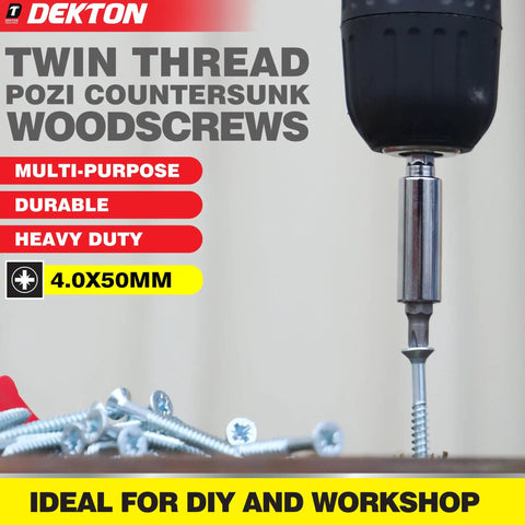 Close-up of 4.0x50mm twin thread Pozi countersunk wood screws used with a drill, marketed as durable and ideal for DIY projects.