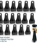 Heavy Duty Lock Grip Tarp Clips Hold Like Crazy With Rock Solid Non Slip Jaw Plus One Hundred Nylon Strap Ties For Securing Tarps Awnings Canopies And Outdoor Shelter Kit Complete Bundle, 17 durable clips with 100 zip ties.