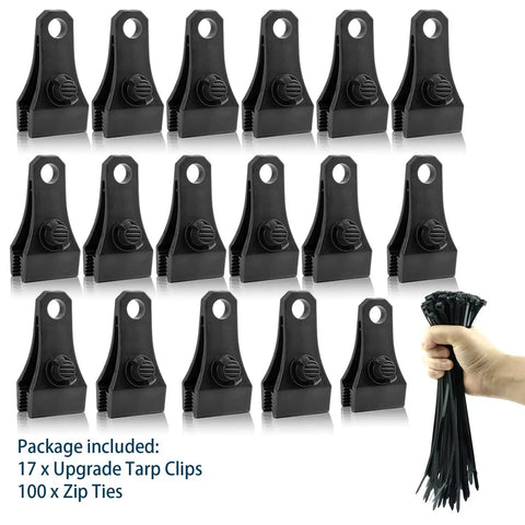 Heavy Duty Lock Grip Tarp Clips Hold Like Crazy With Rock Solid Non Slip Jaw Plus One Hundred Nylon Strap Ties For Securing Tarps Awnings Canopies And Outdoor Shelter Kit Complete Bundle, 17 durable clips with 100 zip ties.