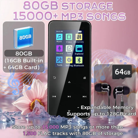 80GB Bluetooth MP3 Player With HiFi Sound Portable Music Player For On The Go Supports FLAC MP3 WMA WAV AAC OGG