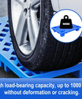 Car wheel on Six Pack Blue Plastic Pallets With Hollow Grid Surface For Ventilated Moisture Proof Storage Lightweight Built To Last Polyethylene Nestable And Spliceable Floor Pallets For Indoor Outdoor Garage Or Warehouse Use