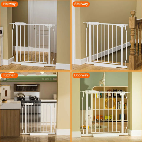 Wide Walk Through Baby Gate for Doorways and Stairs Adjustable 43 to 48 Inch Wide Opening 30 Inch Tall Pressure Mounted Indoor Child Gate for Kids and Pets installed in hallway, stairway, kitchen, and doorway.