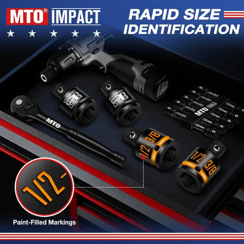 Two Pack Half Inch Female To Three Eighths Inch Male Impact Socket Adapters with paint-filled markings in a tool kit