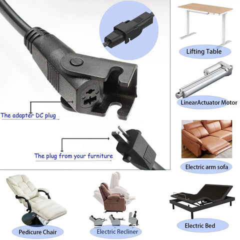 Recliner Power Supply Transformer 29V 2A AC DC Switching Unit With 2 Pin Connector For Electric Recliners Lift Chairs And Standing Desks Plug And Play Replacement Part For OKIN Limoss Tranquil Ease DeltaDrive BetaDrive Motors 4 Feet Cord Included, 2-pin plug detail