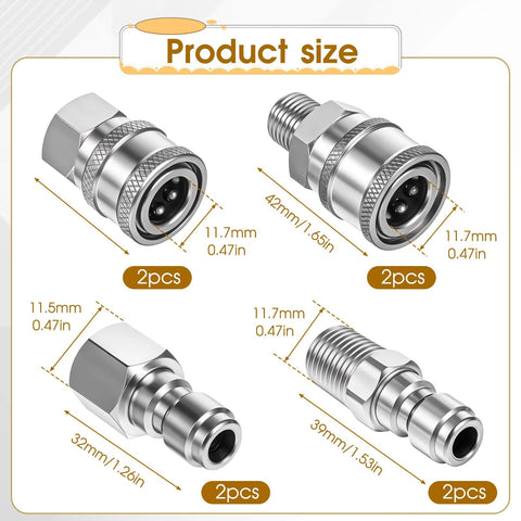Four sets of 1/4 in NPT stainless steel pressure washer quick-connect couplers, male/female (2 pcs per set)