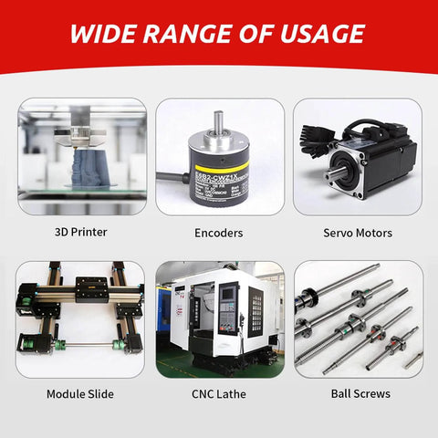 Wide range of usage including 3D printers, encoders, servo motors, module slides, CNC lathes, and ball screws