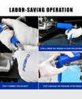 Air Operated Dual Brake Caliper Piston Compressor Tool For Quick Brake Pad Replacement With Over 180 Pounds Of Pressure Pro Grade Pneumatic Caliper Tool For Easy Vehicle Brake Servicing in use, showing connection and operation process