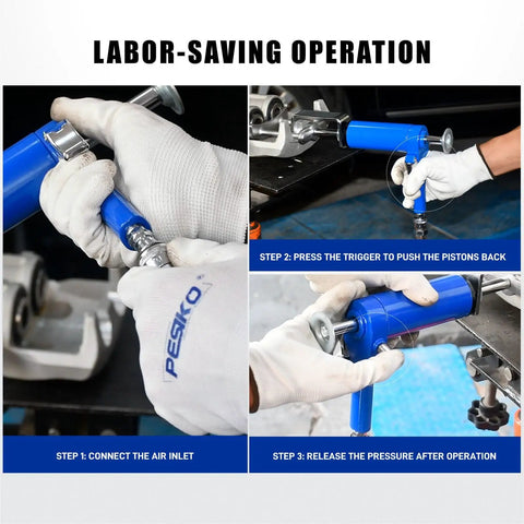 Air Operated Dual Brake Caliper Piston Compressor Tool For Quick Brake Pad Replacement With Over 180 Pounds Of Pressure Pro Grade Pneumatic Caliper Tool For Easy Vehicle Brake Servicing in use, showing connection and operation process
