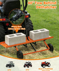 40-Inch Tow Behind Dethatcher with 20 rust-proof tines and heavy-duty tires in use, attached to lawn tractor, clearing yard grass