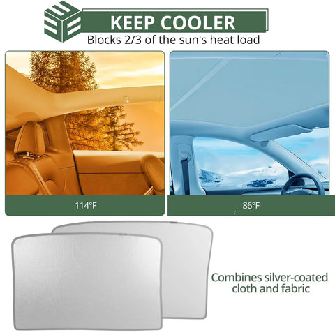 EYPINS Model Y sunshade roof cover for Tesla Model Y; silver-coated fabric, heat and UV protection, two panels.