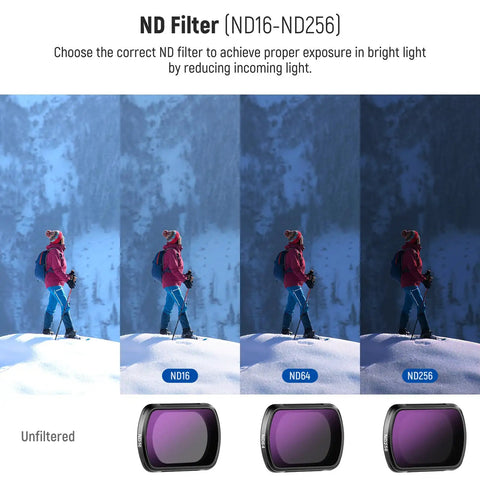 Pro Creator ND Filter Kit With CPL For Pocket 3, Pocket 4, And Osmo Pocket Xtra Muse - ND16 ND64 ND256 filter effect comparison