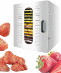 Big Batch Commercial Grade Electric Digital Food Dehydrator With Heavy Duty Trays For Fresh Fruits Veggies And Homemade Pet Jerky 1000 Watt 110 Volt Powerhouse Machine with strawberries.