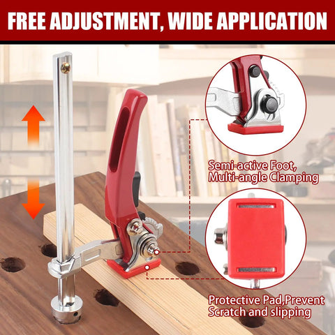 Front view of Two Pack Quick Ratchet Bench Dog Clamps for woodworking on MFT tables, red handle, 245mm long, 19mm dog hole fit.