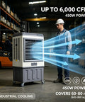 Heavy Duty Evaporative Air Cooler With 5885 CFM Big Blast Airflow And 26 Gal Tank Portable Swamp Cooler 120 Oscillation 3 Speed Keeps Your Patio Chill in warehouse setting.