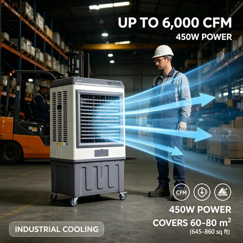 Heavy Duty Evaporative Air Cooler With 5885 CFM Big Blast Airflow And 26 Gal Tank Portable Swamp Cooler 120 Oscillation 3 Speed Keeps Your Patio Chill in warehouse setting.
