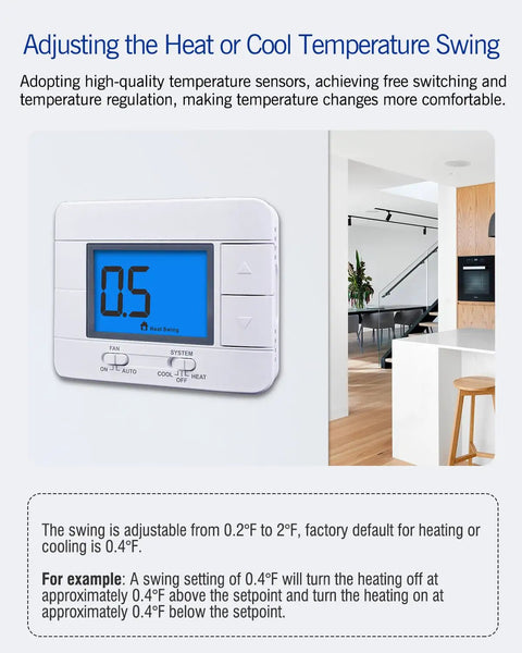 Non Programmable Thermostat For Home 24V 1 Heat 1 Cool Single Stage HVAC Control With Humidity Display And LCD Blue Backlit Screen on wall.