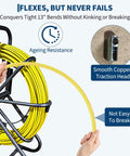 Fiberglass Fish Tape Pro Duct Rodder With Heavy Duty Cable Puller, yellow tape on steel stand, flexes without kinking