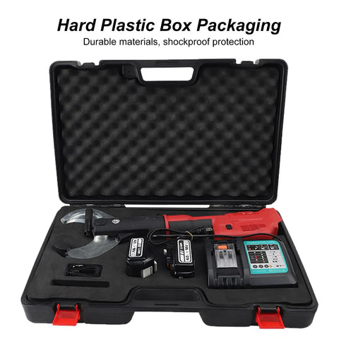 Heavy Duty No BS Electric Hydraulic Cable Cutter in hard plastic case with batteries and charger for field pros.