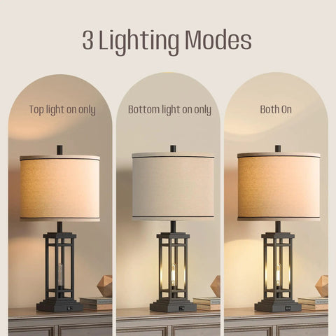 Set Of 2 Dope Farmhouse Table Lamps With USB Ports And Charge Jacks, 27.5 Inch Tall Bedside Lights, showing 3 lighting modes