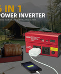 1000 Watt DC To 110V AC Vehicle Power Inverter With Dual AC Outlets USB C PD 30W Fast Charge Inline Cigarette Adapter For Slick Rig And Backroad Use in outdoor setting with smartphone charging.