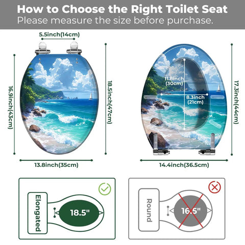 Elongated Toilet Seat Cover Quiet Close Easy Clean for Home with size measurement guide for installation options.