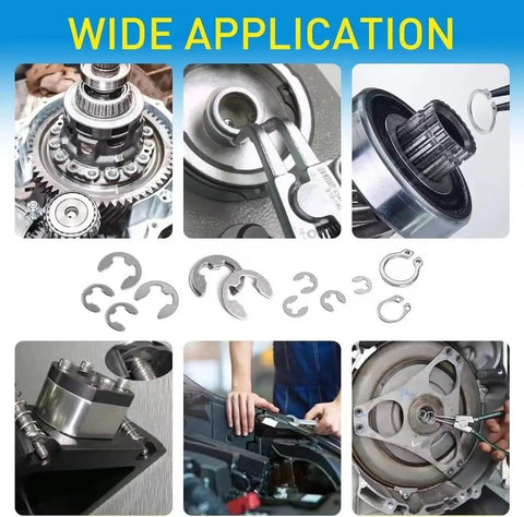327 Piece Stainless Steel E Clip Circlip Kit Retaining Ring Set With 24 Sizes for auto projects and DIY repairs, shown in use.