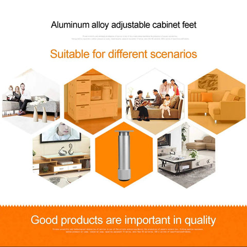 Top Tier Adjustable Furniture Legs With Dope Brushed Aluminum Finish And Heavy Duty Stainless Screws For Cabinets Tables Flex Height Setup To Fix Wobbly Floors Instantly Sleek Urban Living shown in multiple home settings.