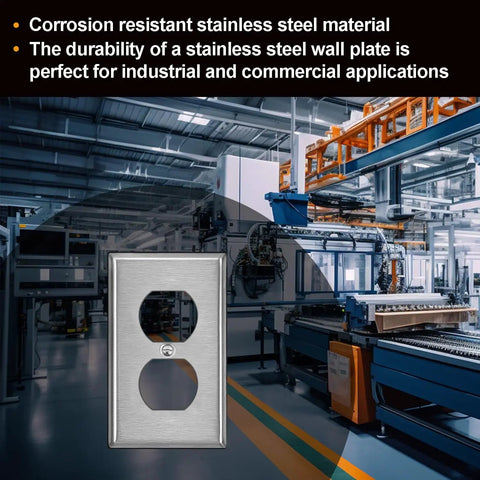 5 Pack Duplex Metal Wall Plates With Protective Film, 1 Gang Standard Size, Built To Last, Corrosion Resistant Stainless Steel Outlet And Switch Covers, Industrial Grade Brushed Silver Finish in an industrial setting