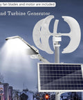 Vertical Lantern Wind Turbine Generator Kit With Controller, 4000W-6000W Output, 24V System, 5 Blade Design, Rugged Alloy Steel Housing, Easy Install, Off Grid Home Wind Power Solution displayed on a pole with a solar panel and streetlight.