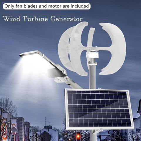 Vertical Lantern Wind Turbine Generator Kit With Controller, 4000W-6000W Output, 24V System, 5 Blade Design, Rugged Alloy Steel Housing, Easy Install, Off Grid Home Wind Power Solution displayed on a pole with a solar panel and streetlight.
