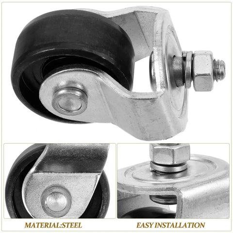 Close-up of steel casters from 2 Piece Front Wheels Swivel Trailer Jack Replacement For Heavy Duty Steel Car Jack Accessories With 2 Ton Load Capacity Ideal For Material Handling And Towing In Garages And Construction Sites.